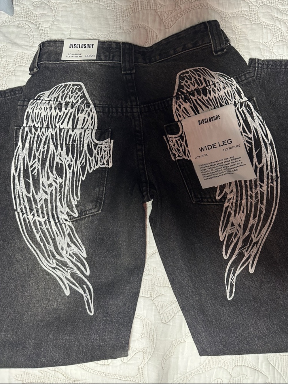 Wide Leg Black Jeans with White Wing Embroidery